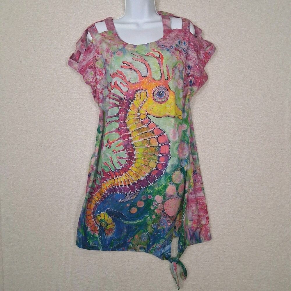 Tropical Seahorse Cover Up Dress Sz PXL Art To Wear Island Resort Beach Cruise